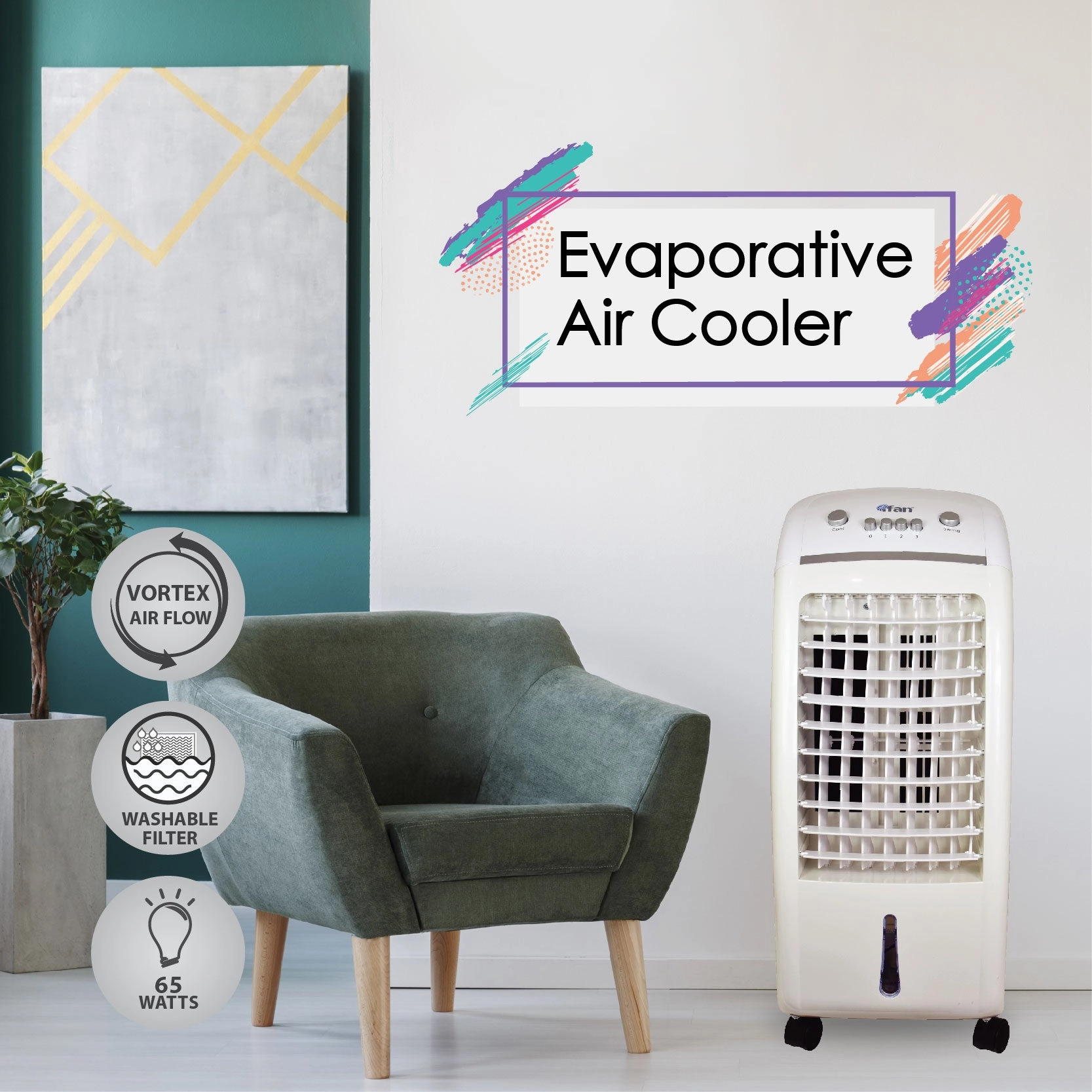 iFan Evaporative Air Cooler  6L Water Tank, Vortex Airflow, Oscillation, Dust Filter, Quiet & Effective Cooling, 3-Speed, white, IF7310