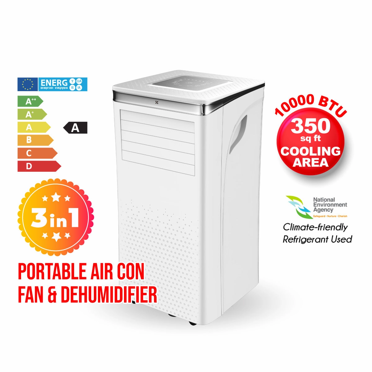 iFan Portable Aircon - 3in1 Portable Air Conditioner / Fan / Dehumidifier, Remote Control, 10000 BTU, cools 350 sq feet, white, IF9010