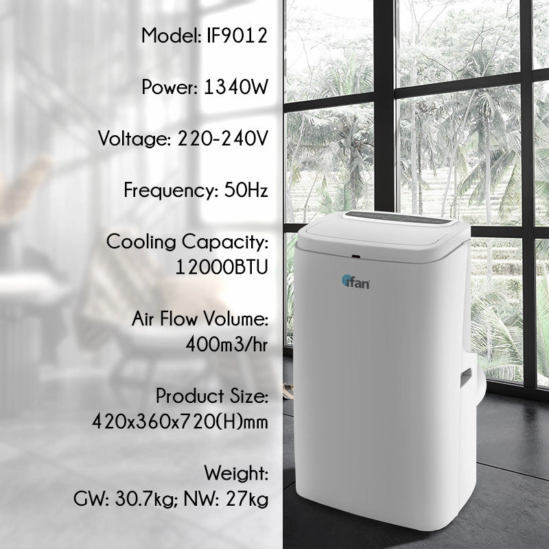 iFan Portable Aircon - 3in1 Portable Air Conditioner / Fan / Dehumidifier, Remote Control, 12000 BTU, cools 550 sq feet, white, IF9012