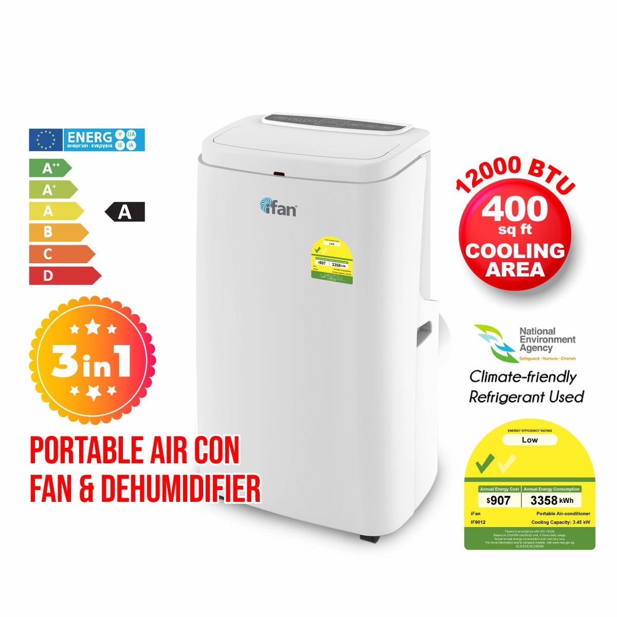 iFan Portable Aircon - 3in1 Portable Air Conditioner / Fan / Dehumidifier, Remote Control, 12000 BTU, cools 550 sq feet, white, IF9012