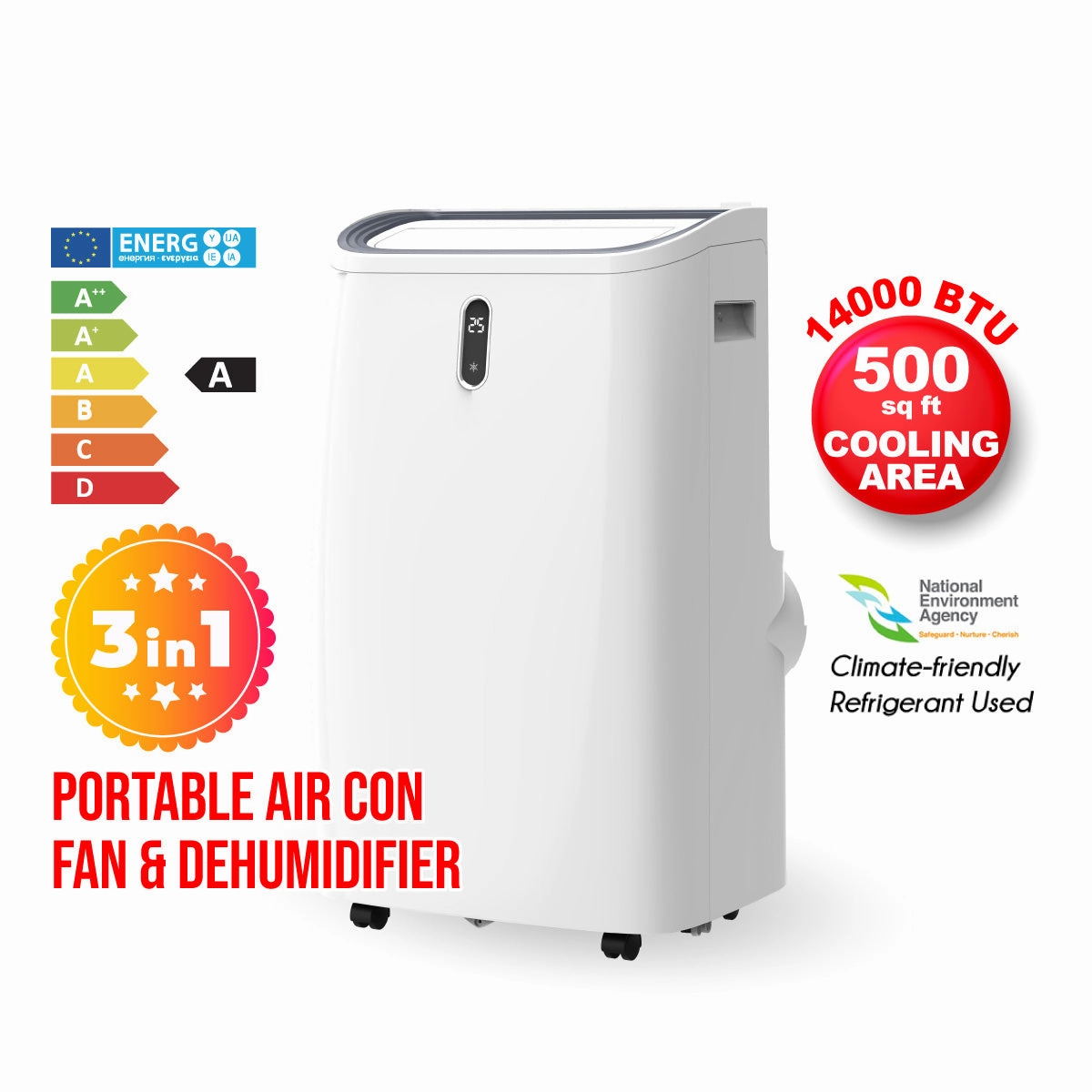 iFan Portable Aircon - 3in1 Portable Air Conditioner / Fan / Dehumidifier, Remote Control, 14000 BTU, cools 700 sq feet, white, IF9014