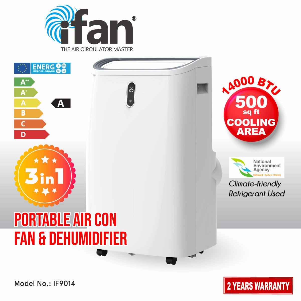 iFan Portable Aircon - 3in1 Portable Air Conditioner / Fan / Dehumidifier, Remote Control, 14000 BTU, cools 700 sq feet, white, IF9014