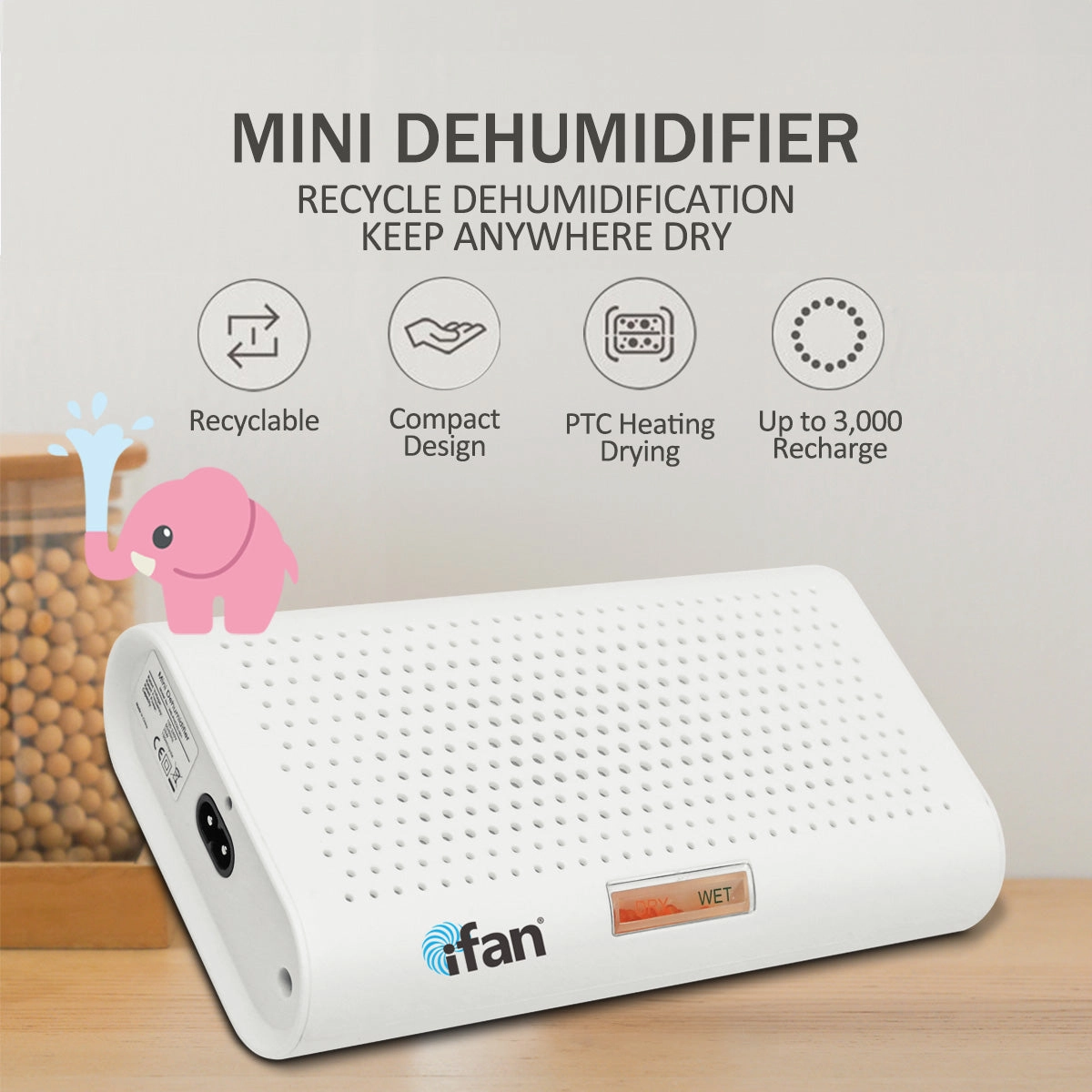 iFan Thirsty Hippo Dehumidifier, Dehumidifier, Rechargeable Moisture Absorber | Reusable (IF3251)
