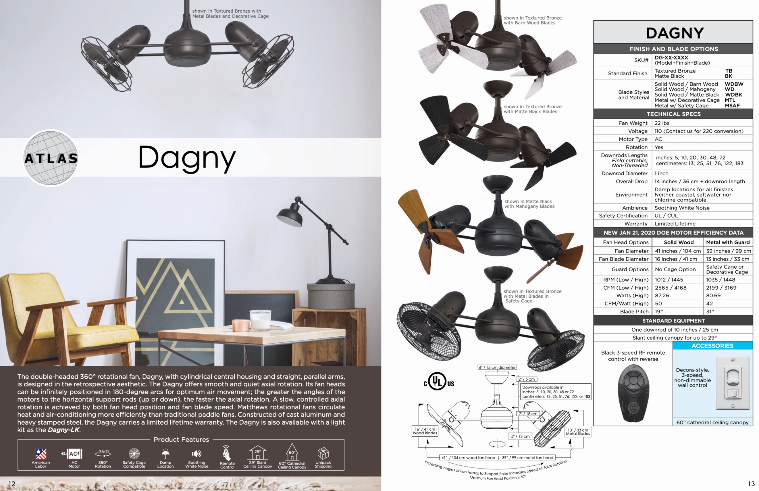 Matthews Fan Company Dagny Indoor/Outdoor Rotational Ceiling Fan with Remote