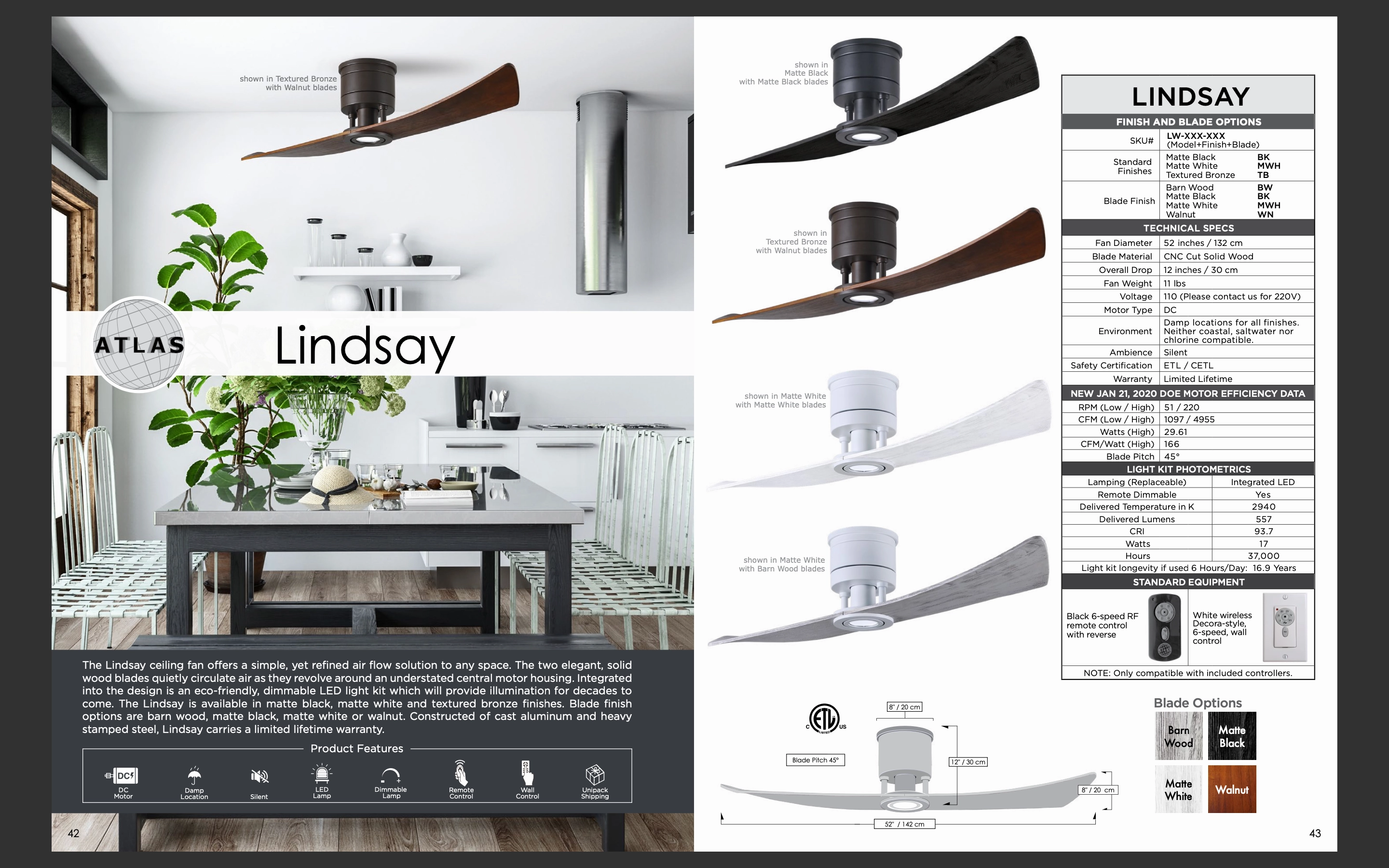 Matthews Fan Company Lindsay 52" Indoor/Outdoor 17W LED DC Hugger Ceiling Fan with Remote and Wall Control