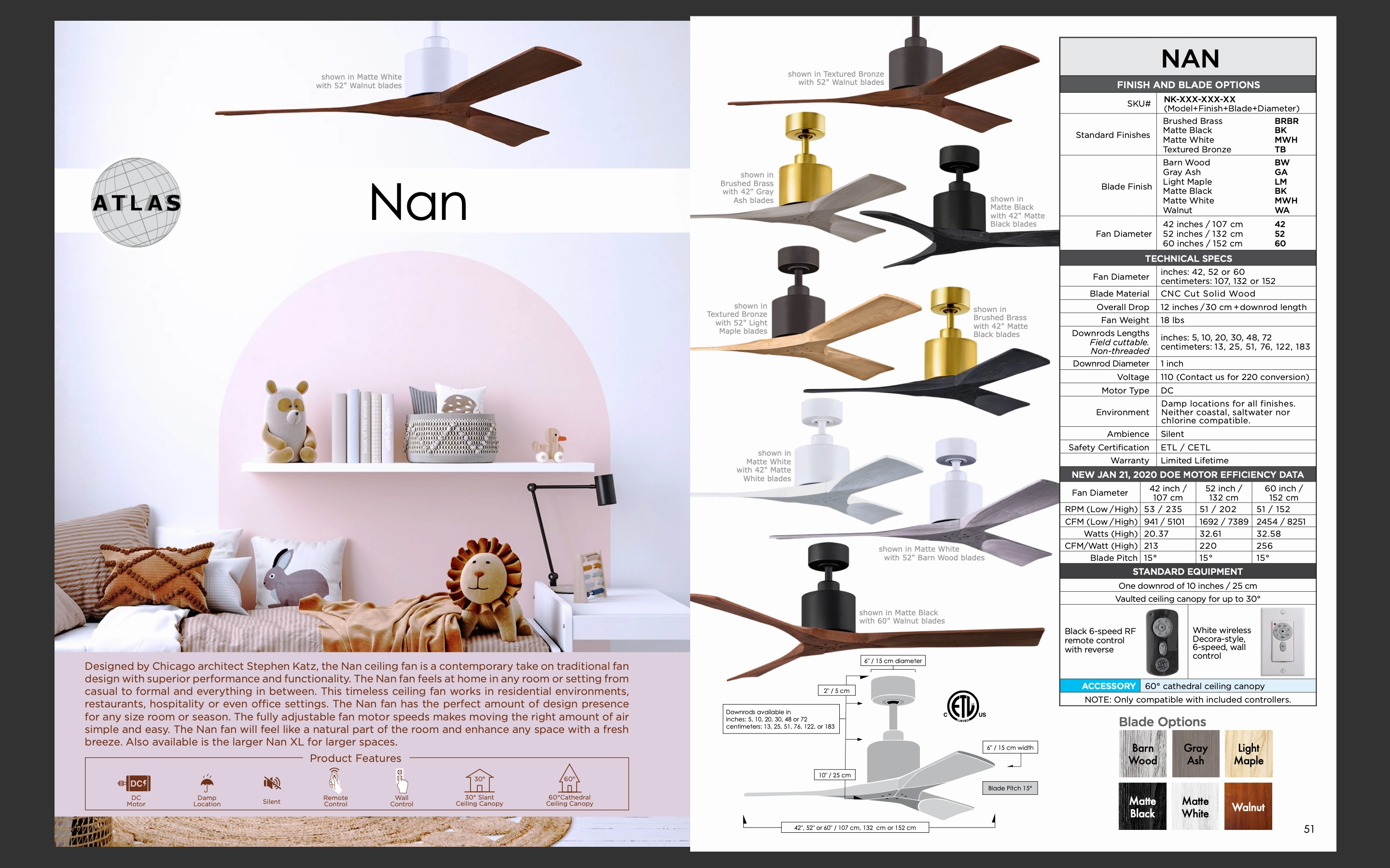Matthews Fan Company Nan 42" Indoor/Outdoor DC Ceiling Fan with Remote and Wall Control