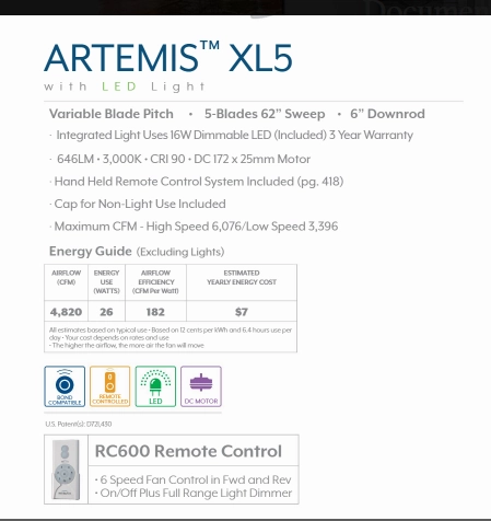 Minka Aire Artemis Xl5 62" DC Ceiling Fan with 16W Dimmable 16W LED Light and Remote Control