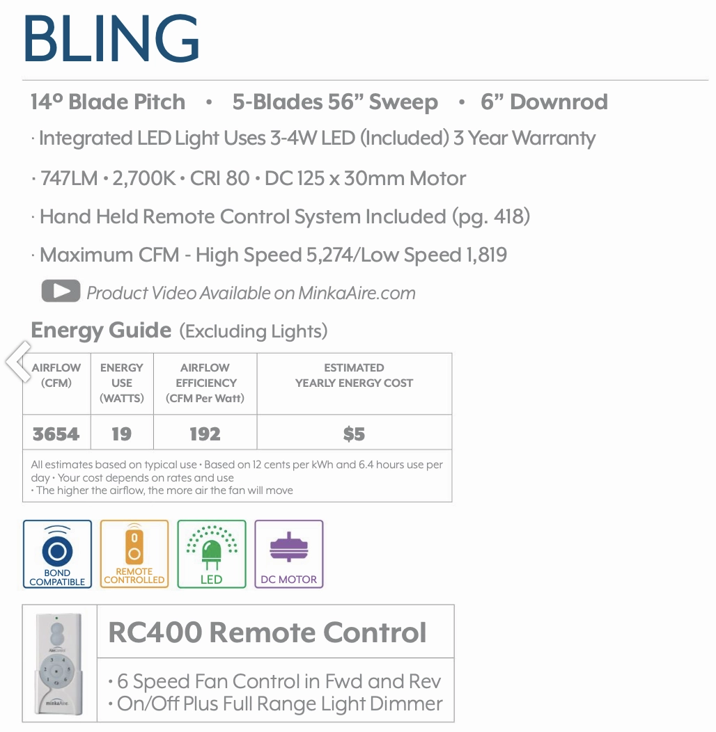 Minka Aire Bling 56" DC Ceiling Fan with Dimmable LED Light and 6 Speed Remote Control