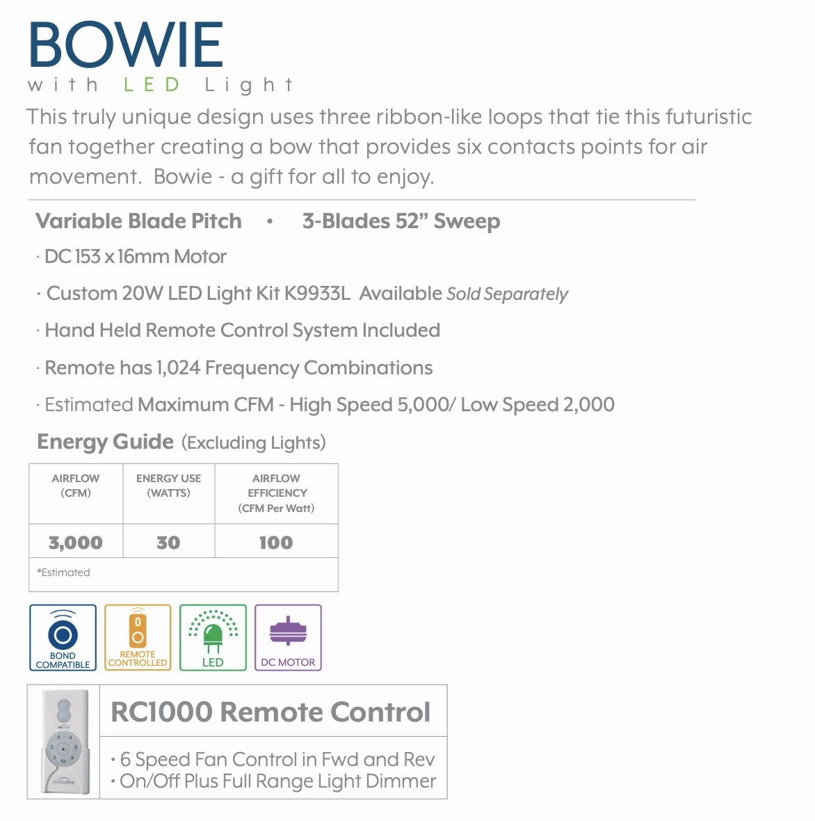 Minka Aire Bowie 52" DC Ceiling Fan with Dimmable LED Light and Remote Control