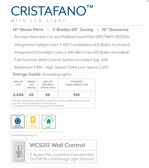 Minka Aire Cristafano 68" Ceiling Fan with LED Light and Wall Control