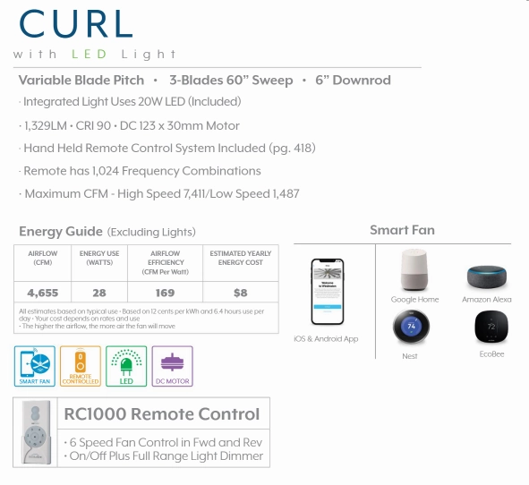 Minka Aire Curl 60" Smart DC Ceiling Fan with 20W LED Light and Remote Control