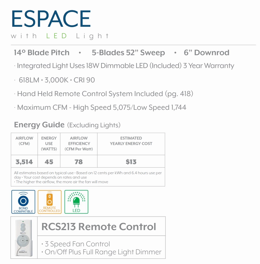 Minka Aire Espace 52" Ceiling Fan with 18W Dimmable LED Light and Remote Control