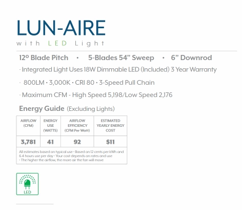 Minka Aire Lun Aire 54" Ceiling Fan with 18W Dimmable LED Light