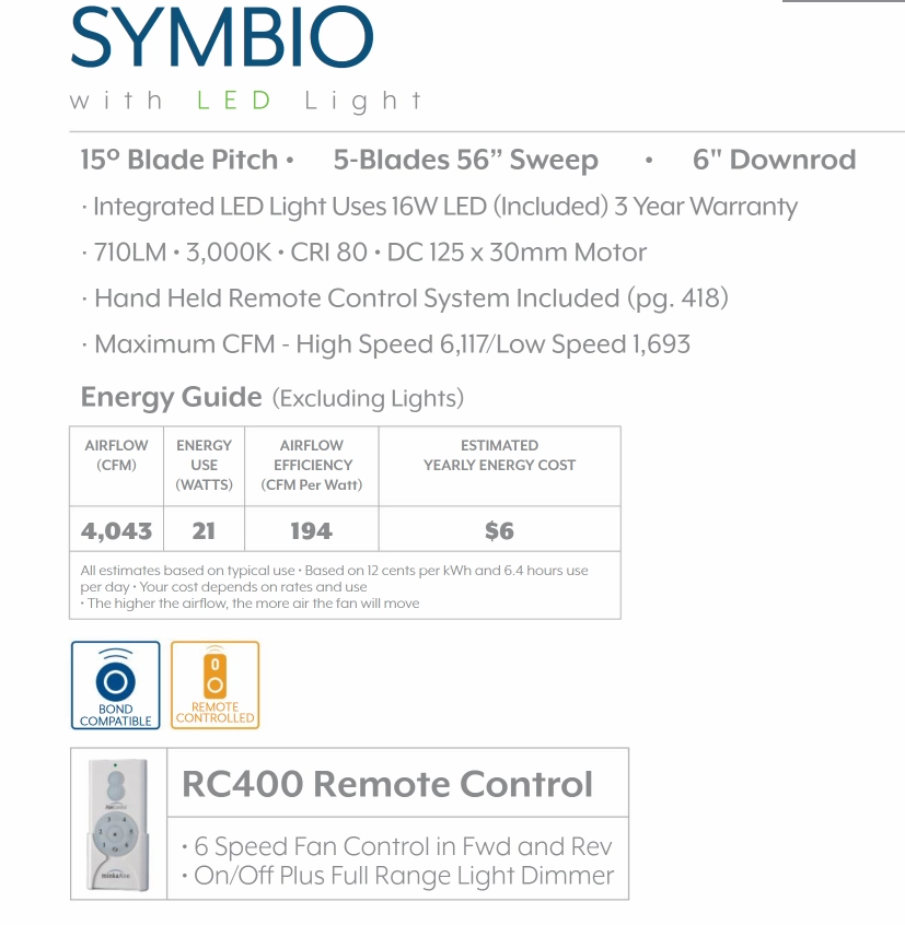 Minka Aire Symbio 56" DC Ceiling Fan with 16W LED Light and Remote control