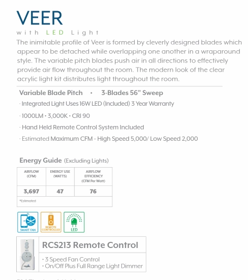 Minka Aire Veer 56" Ceiling Fan in with 16W LED Light and Remote Control