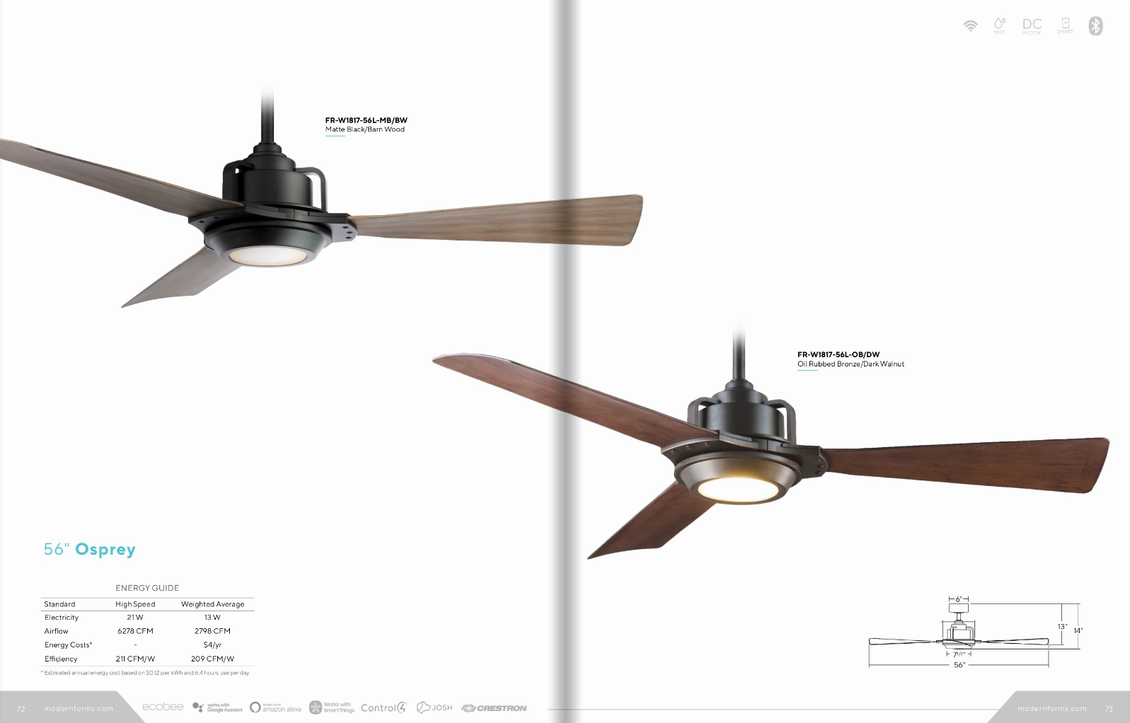 Modern Forms Fan Osprey 56" Smart Outdoor DC Ceiling Fan with 13W CCT LED and Remote