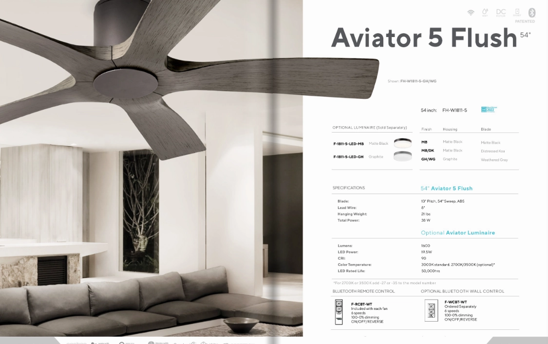 Modern Forms Fans Aviator 5 54" Smart Outdoor Flushmount DC Ceiling Fan with 19.5W CCT LED and Remote