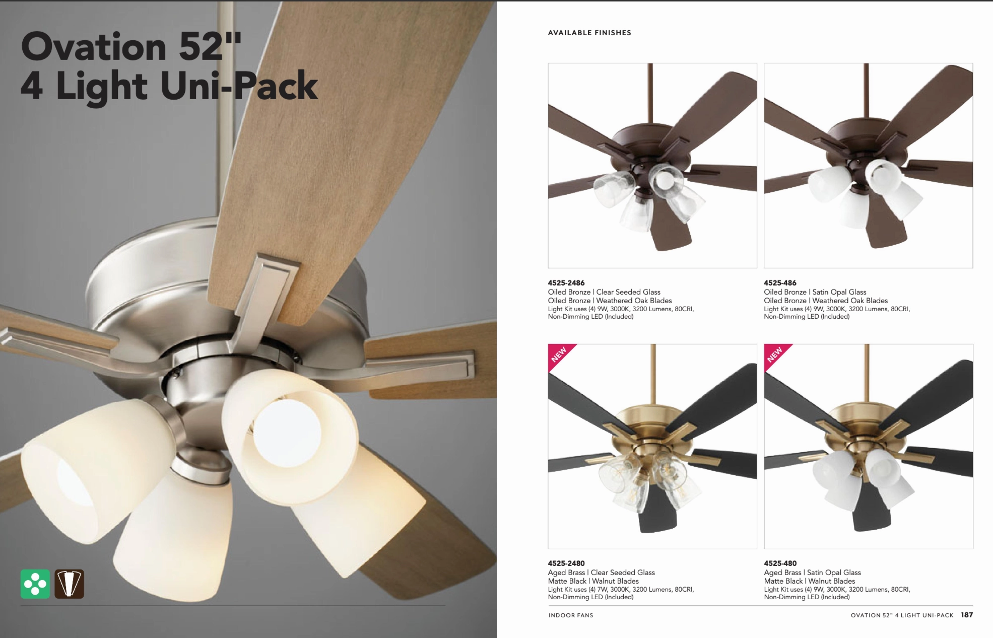 Quorum Ovation 52" 4 Light 36W LED Indoor Pull Chain Ceiling Fan