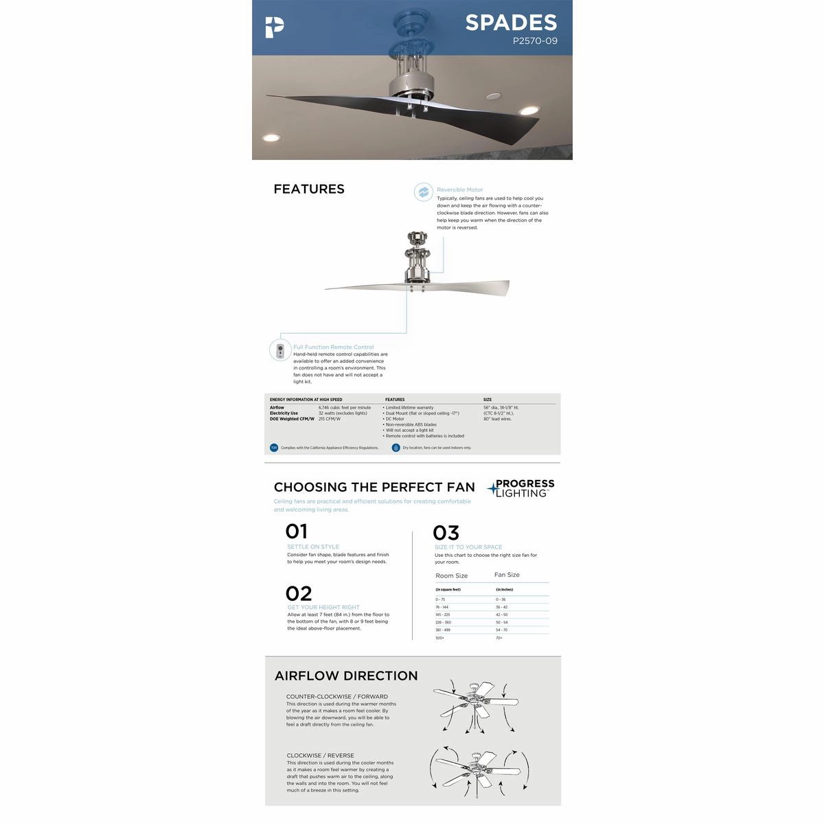 Spades 56"Ceiling Fan Brushed Nickel