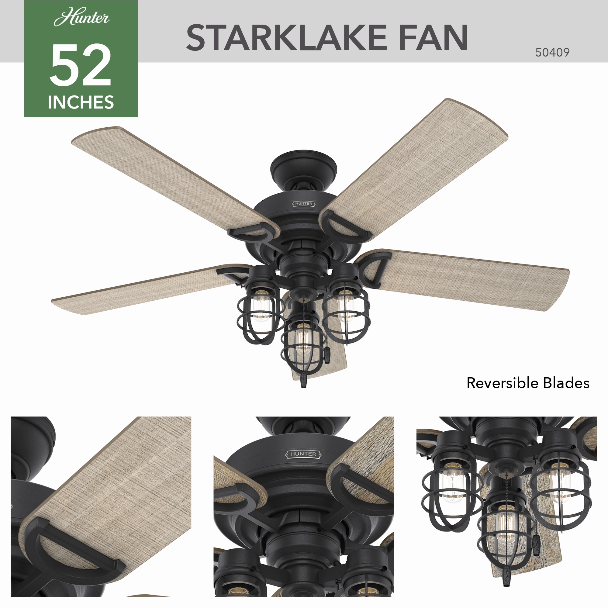 Starklake 52"Ceiling Fan Natural Black Iron