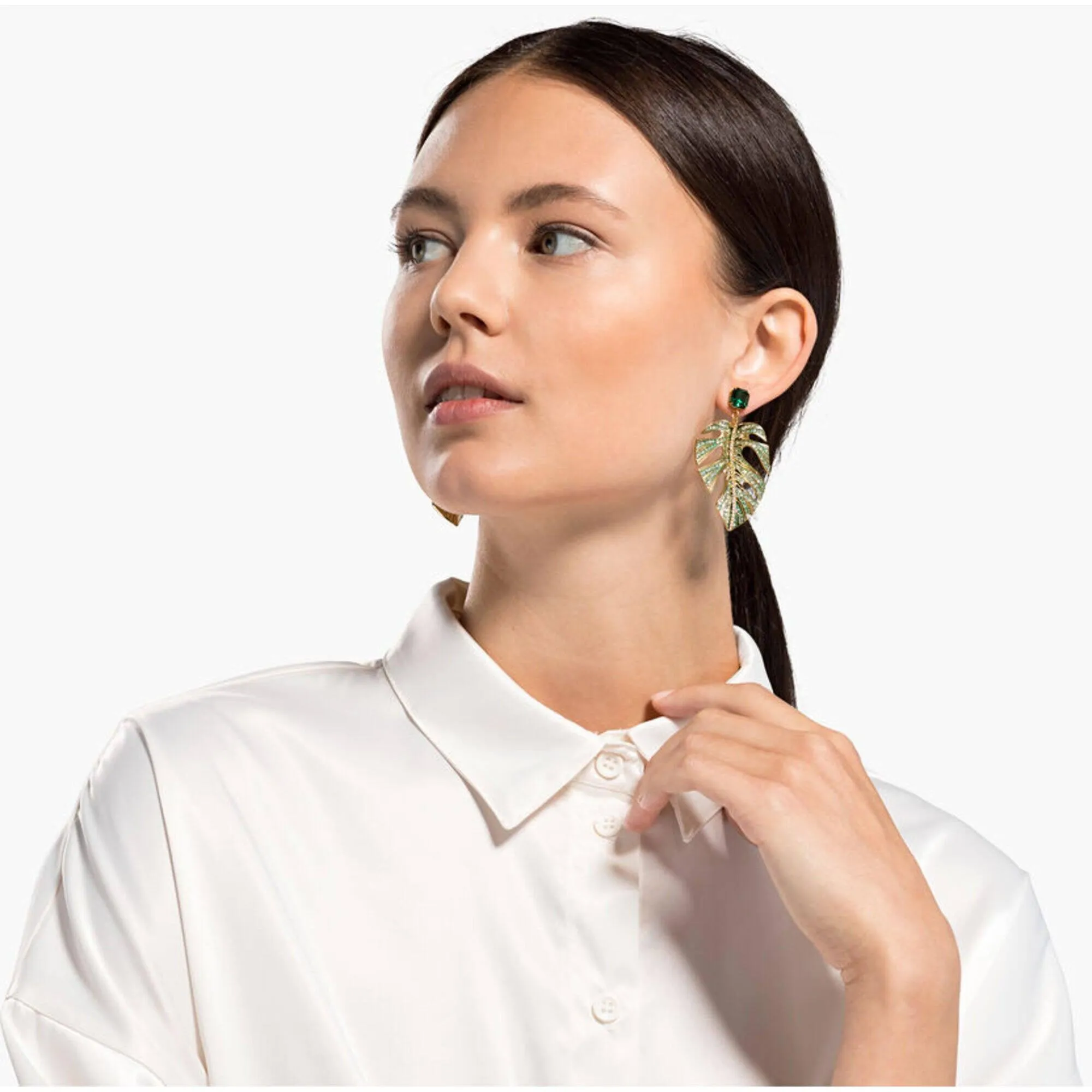Swarovski Jewelry Swarovski Women's Earrings - Tropical Leaf Green Yellow Gold Plated | 5525242