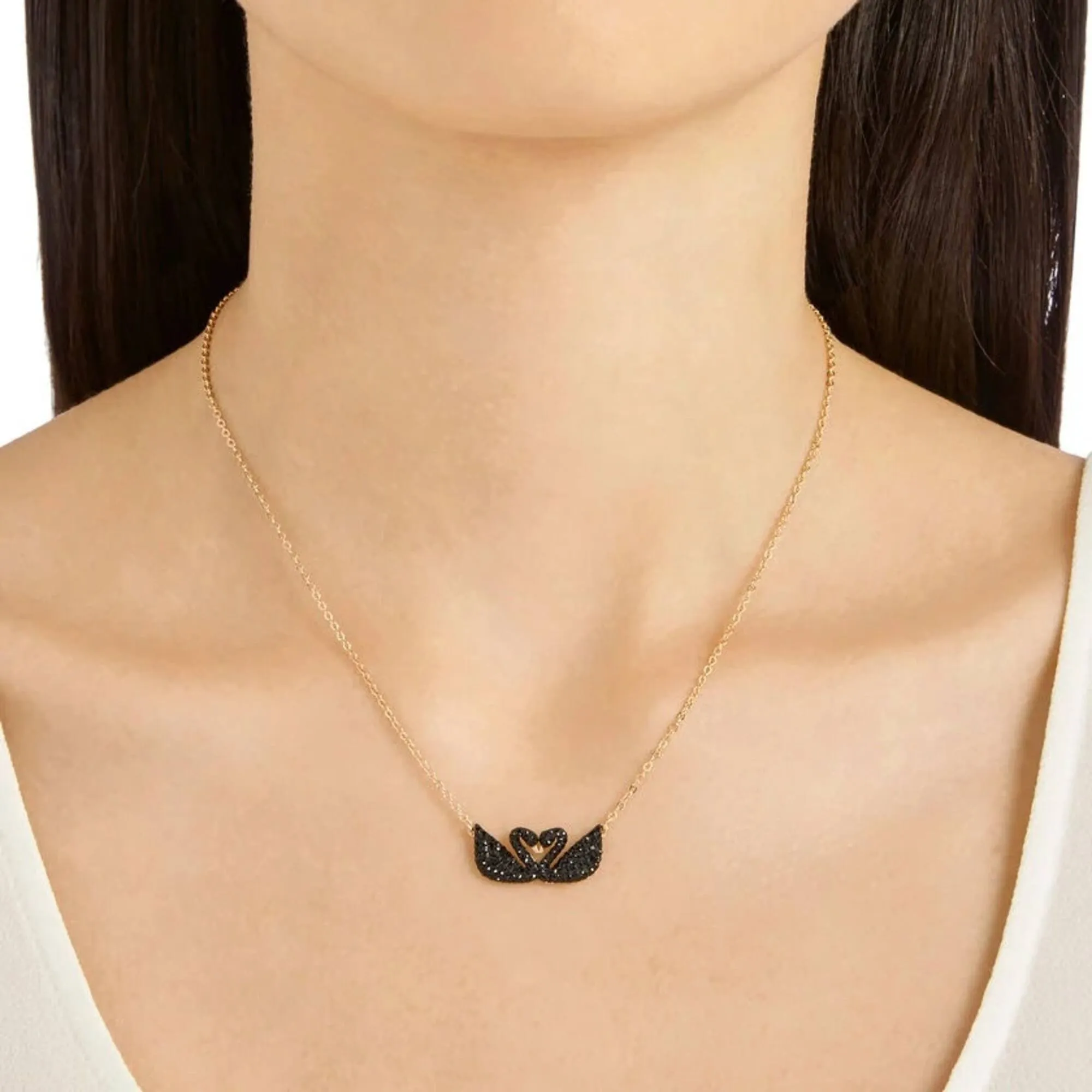 Swarovski Jewelry Swarovski Women's Necklace - Iconic Swan Double Black Crystal Rose Gold | 5296468
