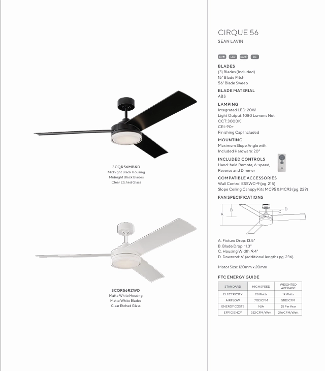 Visual Comfort Cirque 56" Indoor/Outdoor DC Ceiling Fan with 20W LED and Remote