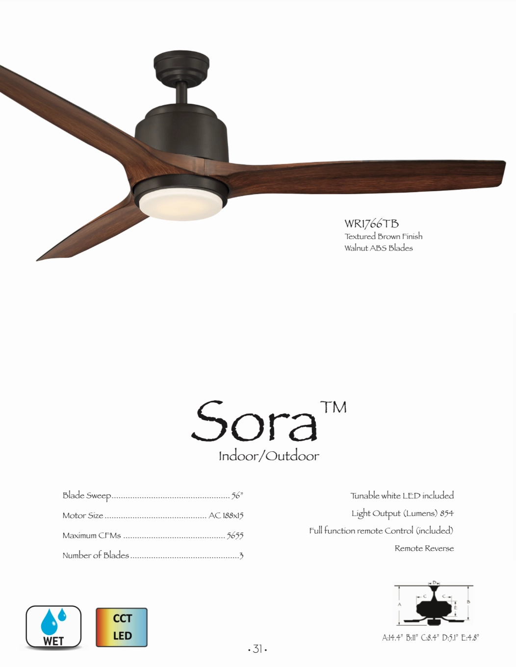 Wind River Sora 56" Outdoor Ceiling Fan with CCT 17W LED and Remote